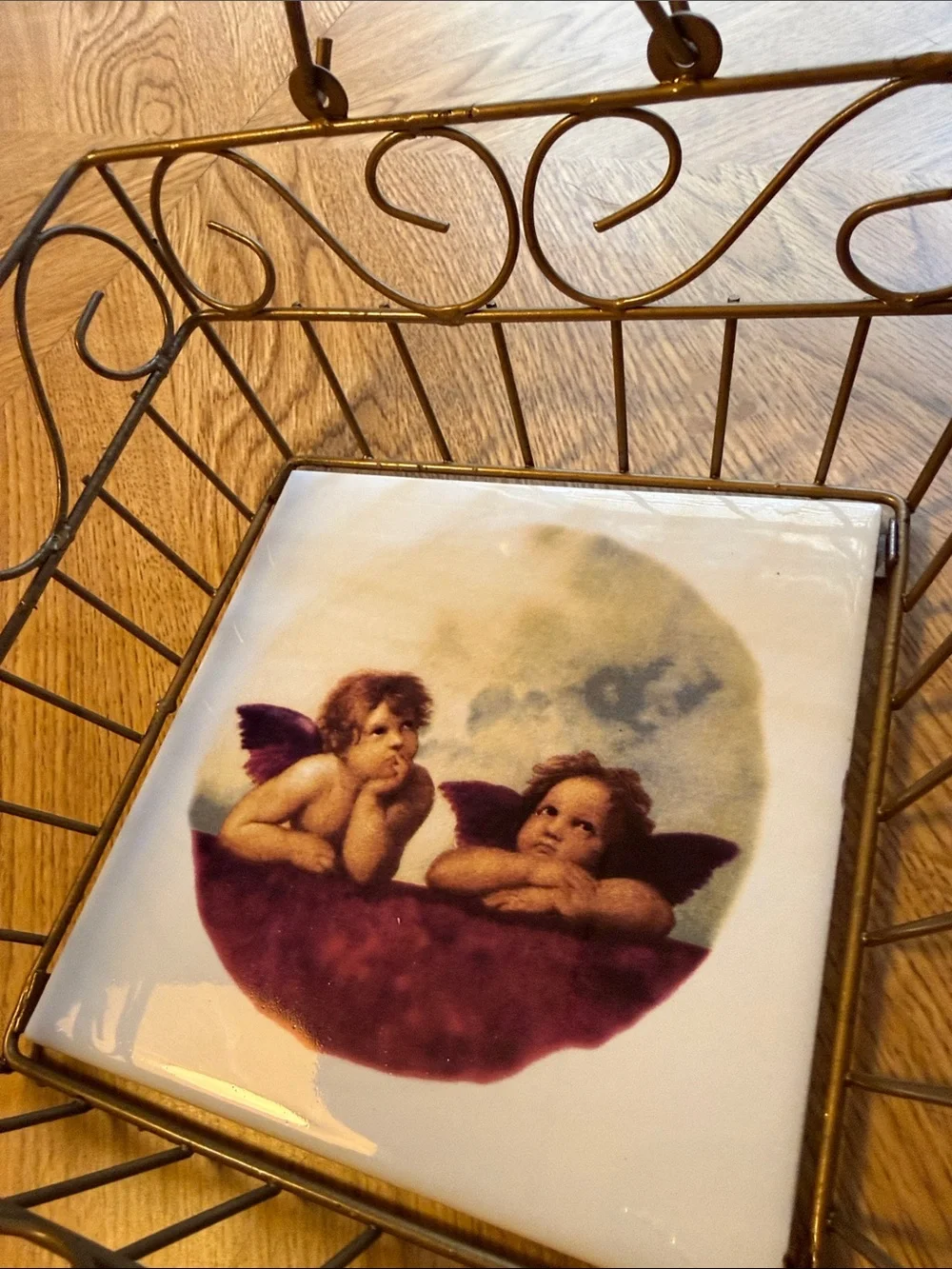 Bronze Gold Metal Wire Decorative Basket with Cherub Tile - 8 1/2x 8 1/2 x 3 1/2